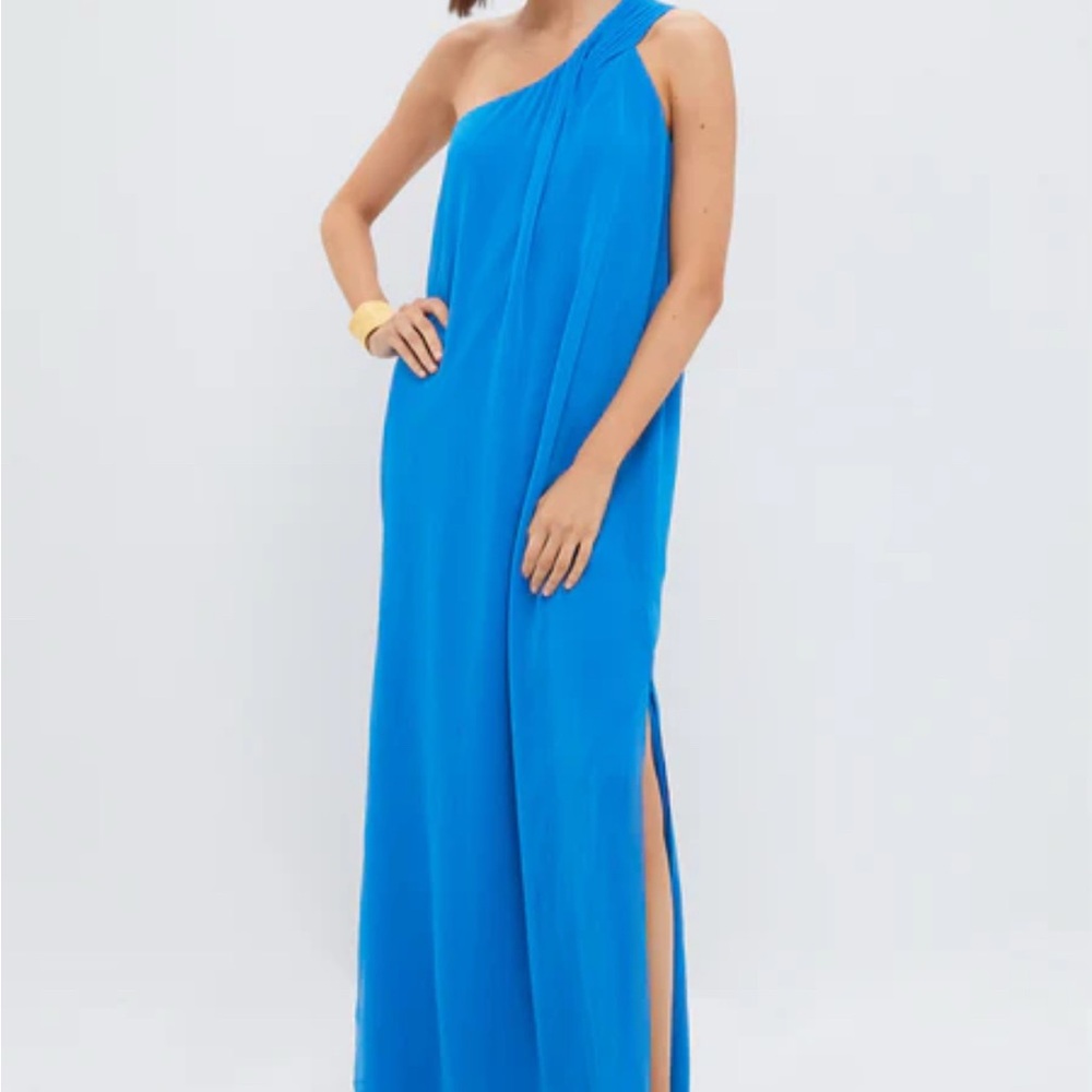 Pomander Place Soleil Blue One Shoulder Slit Gown